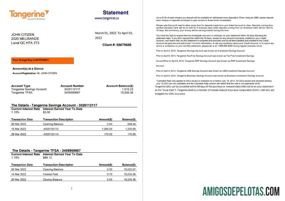 Exemplo de extrato bancário do Canadá Tangerine